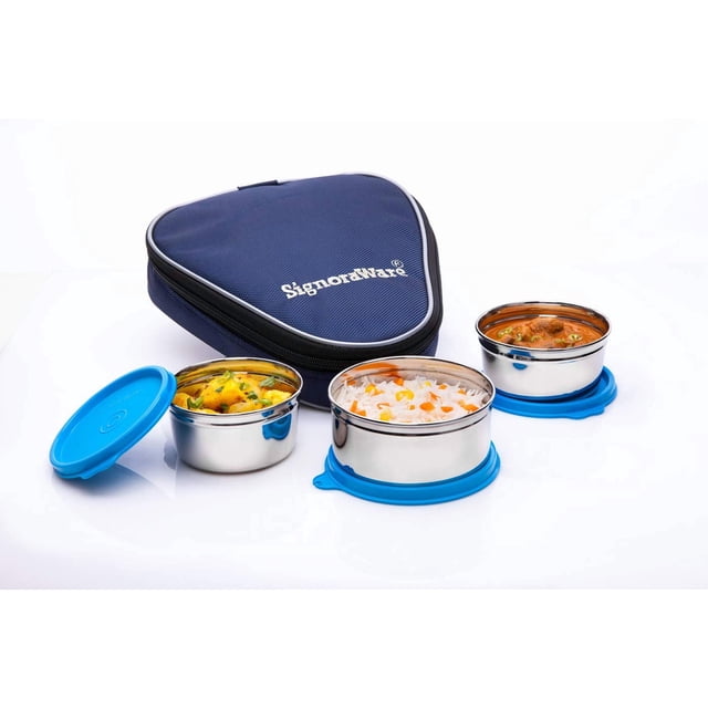 Sleek Stainless Steel Medium Lunch Box With Bag - Blue, Set Of 3 Containers | 1 Container, 350ml+ 2 Containers, 250ml Each - Airtight, Leak Proof & Spill Proof