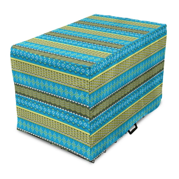 Abstract Dog Crate Cover, Rhythmic Demonstration of Aztec Inspired Triangles Zigzags in Summer Tones, Easy to Use Pet Kennel Cover Small Dogs Puppies Kittens, 7 Sizes, Sky Blue Yellow, by Ambesonne