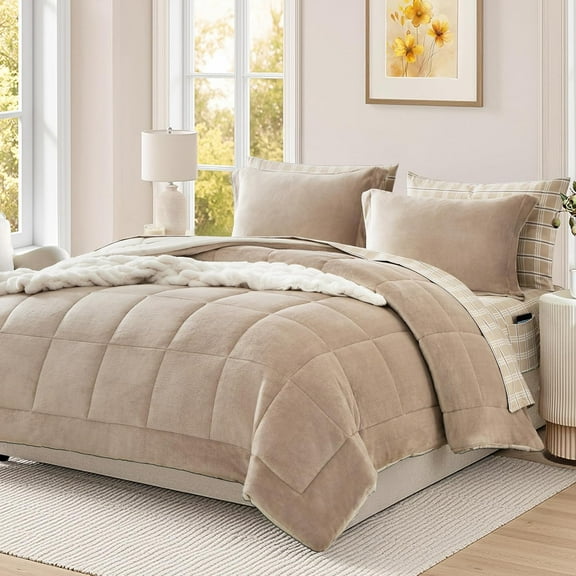 Plush King Size Comforter Set Light Taupe, Flannel Velvet Comforter Sets 7 Pieces Bed in a Bag, Soft Warm Winter Bedding Set with Sheets, Pillowcases & Shams