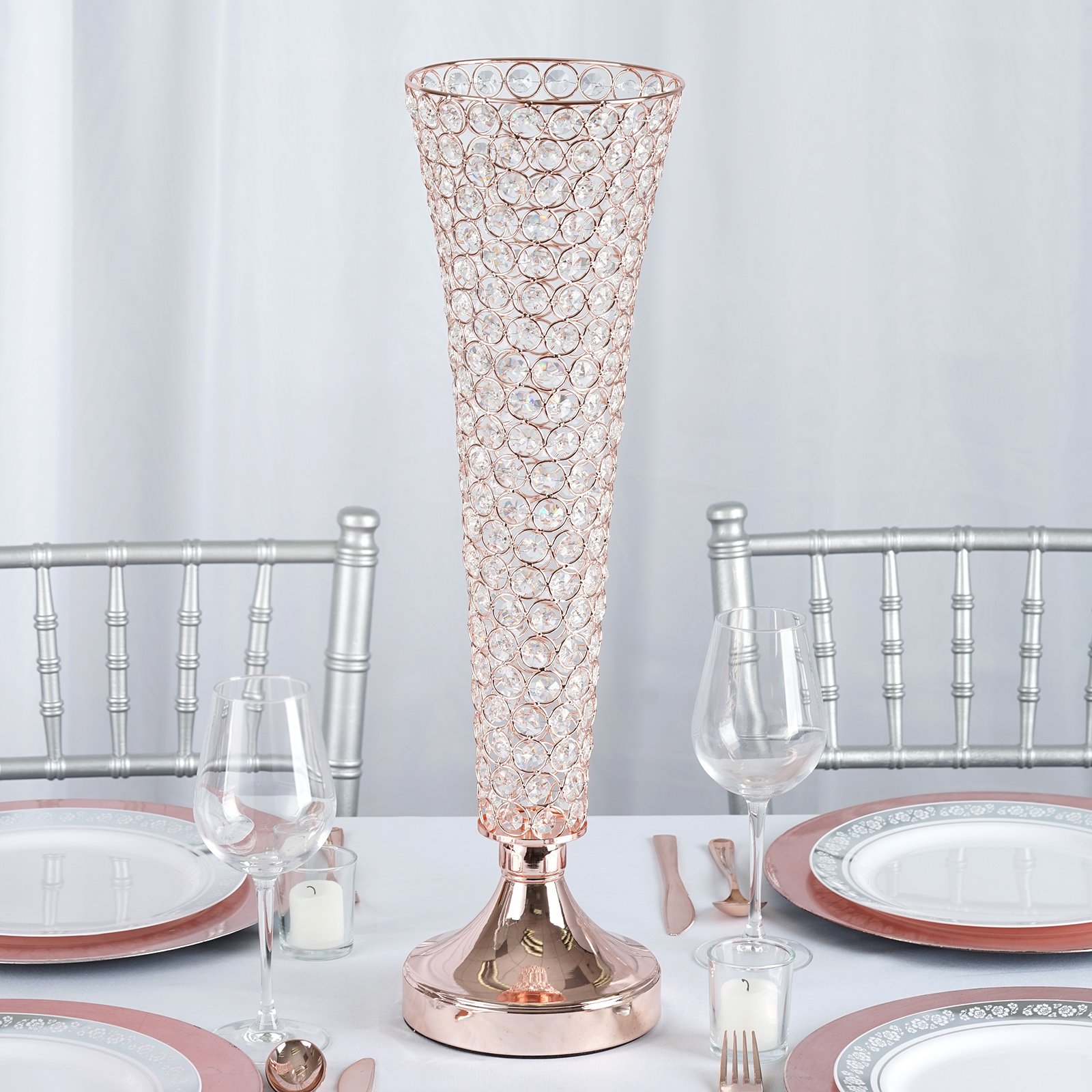 Efavormart Set of 2 Tall Beaded Crystals Trumpet Floral Vase Wedding