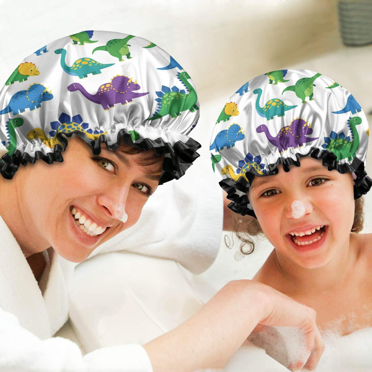 Shower Caps,White Cartoon Dinosaurs Pattern Waterproof Shower Cap for Women 4 Pieces,Double Reusable Hair Cover for Shower PEVA Elastic Stretch Hem
