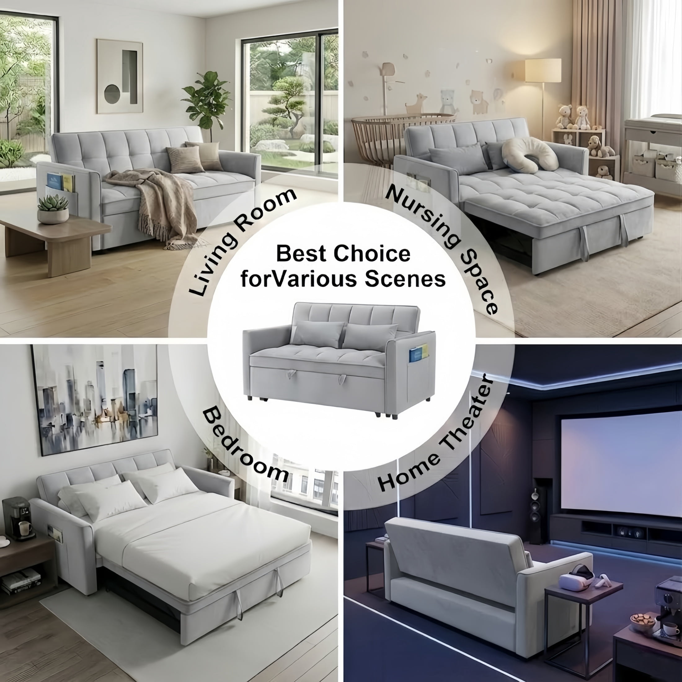 Amuille 3 in 1 Convertible Sleeper Sofa Bed, 54" Velvet Fabric Loveseat, Pull Out Couch for Living Room and Apartment (Light Gray)