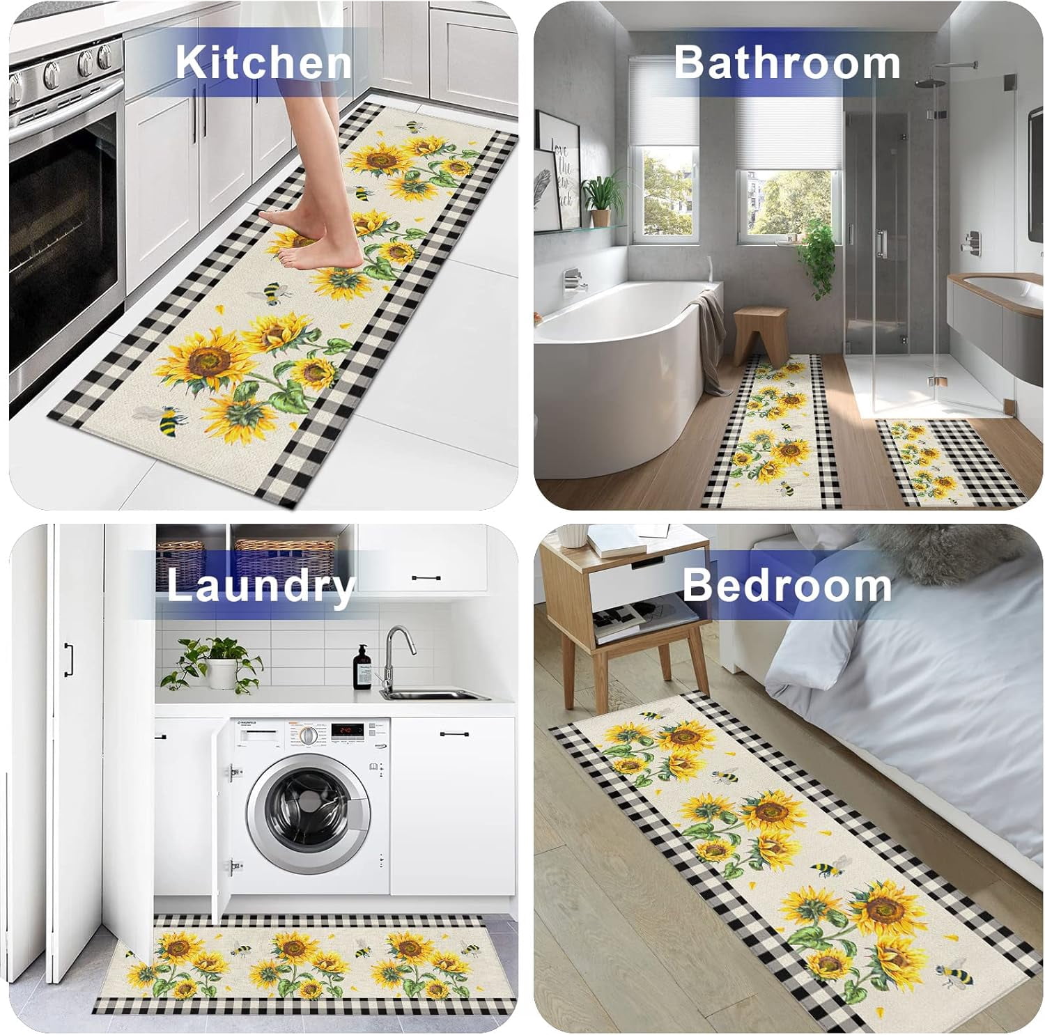 Vintage Kitchen Rugs and Mats Set of 2, Farm Sunflowers Blossoms Floral Non-Slip Floor Doormat Comfort Area Runner Rug and Mat, Black Beige Buffalo Check Indoor Entrance Carpet Home Decor