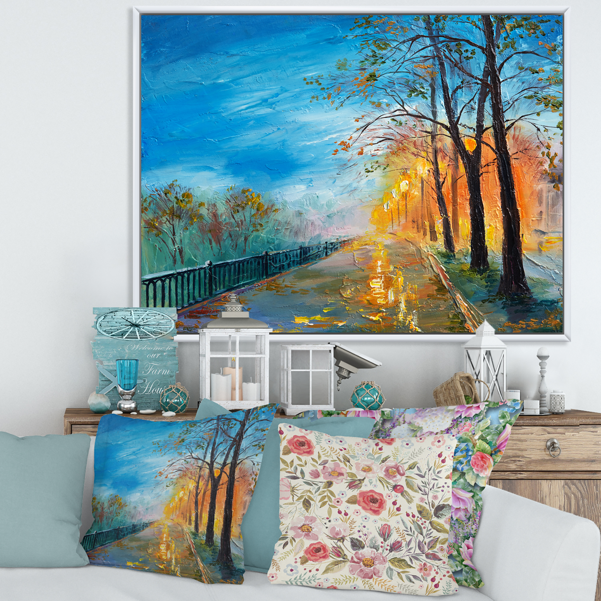 Autumn Road in Evening 40 in x 30 in Framed Painting Canvas Art Print, by Designart