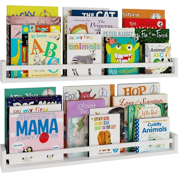Wallniture Utah 32" White Nursery Bookshelves Wall Mounted, Wood Floating Book Shelves for Kids Room Set of 2