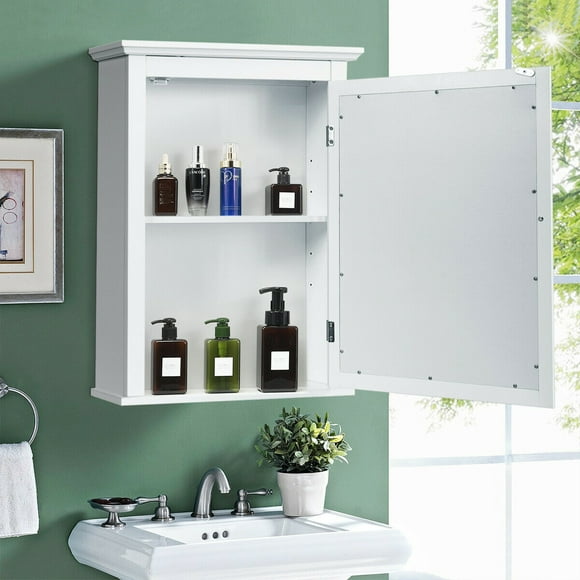 Gymax Wall Mounted Bathroom Mirror Cabinet with Adjustable Shelf, White