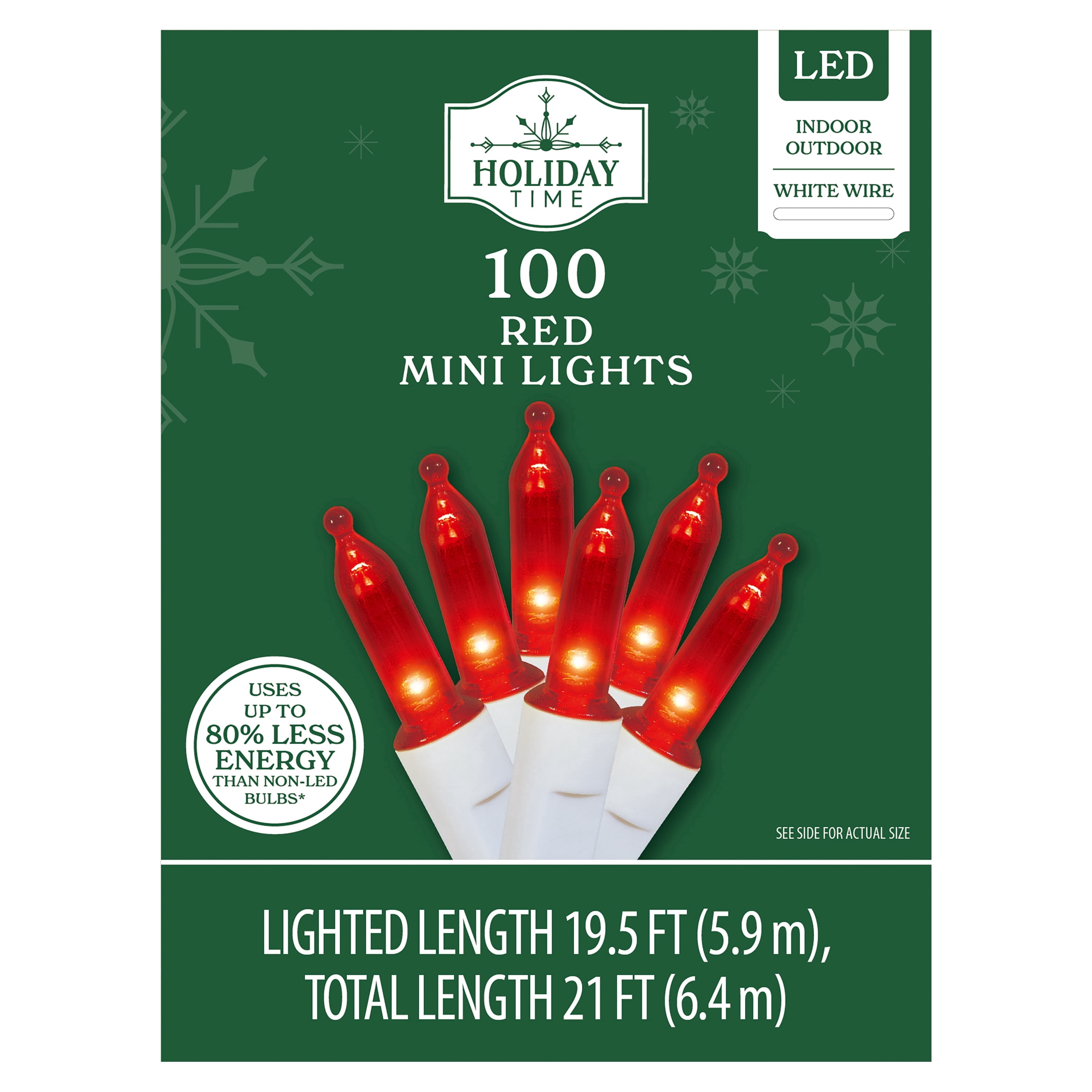 Indoor/Outdoor 100-Count LED Mini Christmas String Lights, Red, White Wire, 19.5', by Holiday Time
