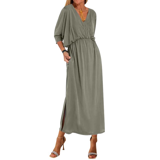 LOVZFMLL Robe pour Femme à Manches Courtes, Col Rond, Bohème, Mode, Couleur Unie, Taille Haute et Fente à la Cheville, Vert Armée, 3TG