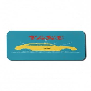 Retro Computer Mouse Pad, Old Cab Car with Grunge Taxi Typography Automobile 90s Graphic Design, Rectangle Non-Slip Rubber Mousepad Large, 31" x 12" Gaming Size, Petrol Blue Yellow, by Ambesonne