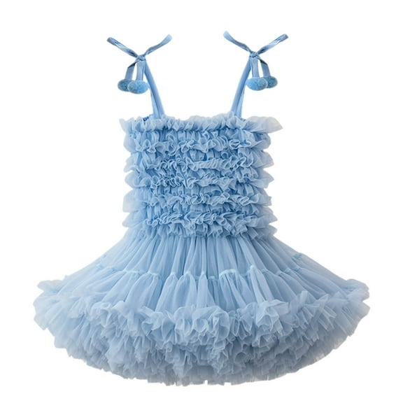 VNKIDY Girls Baby Gradient Ruffled Tulle Dress Spaghetti Strap Poms Decor Layered Tutu Dress For Birthday Party Daily Wear Blue 6-9 Months