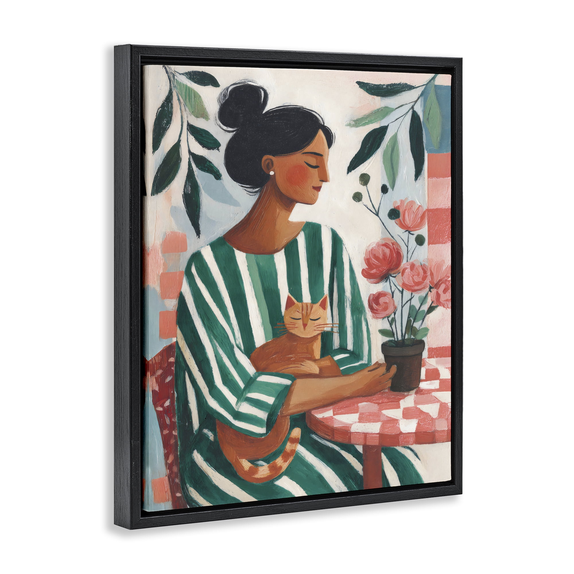 Stupell Industries Cat Lady in Striped Dress Black Framed Floater Canvas Wall Art, design by Sisi and Seb