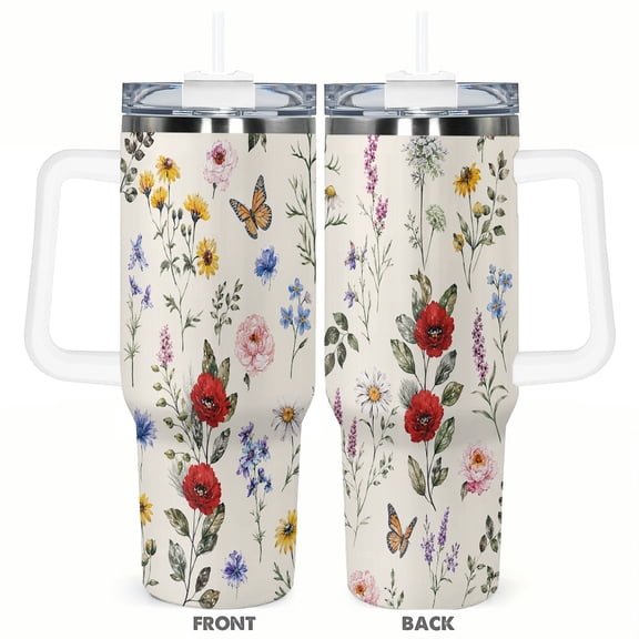 40oz Wildflower Butterfly Tumbler with Handle and Straw Stainless Steel Insulated Travel Coffee Cup Gift for Women