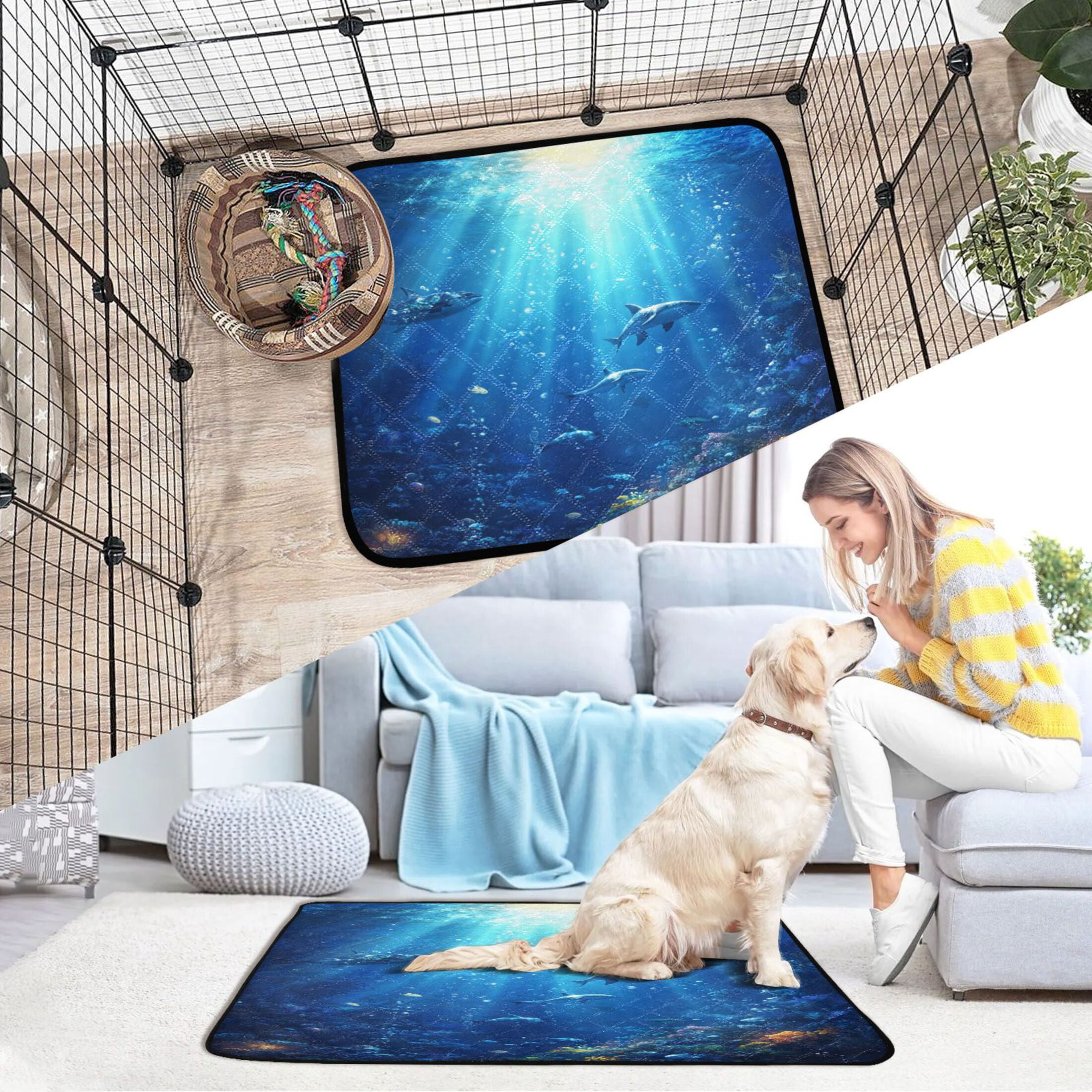 Washable Pet Pee Pads with Super Absorbent Reusable Training Pads for Dogs & Cats Deep Blue Ocean