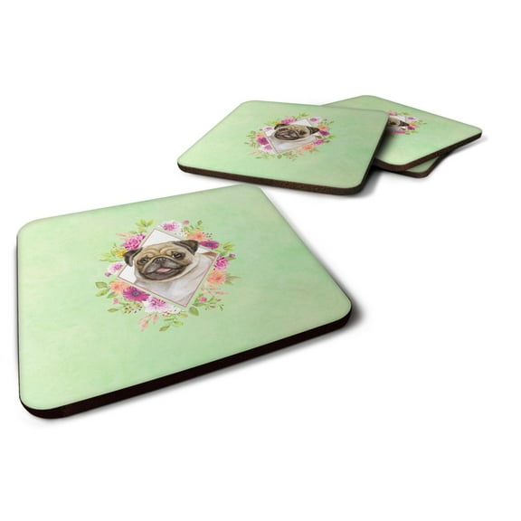 Carolines Treasures CK4334FC Fawn Pug Green Flowers Foam Coaster Set of 4 3 1/2 x 3 1/2 multicolor