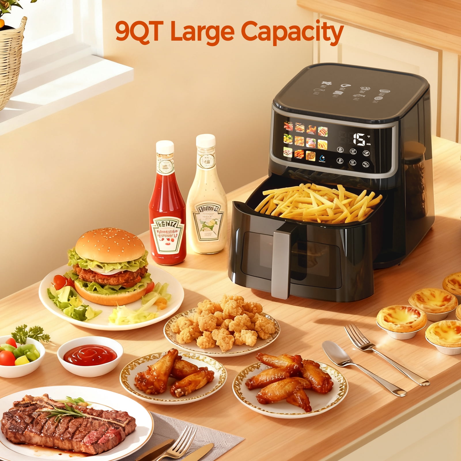 Air Fryer, LED Digital Color Display with Easy-View Window, 9QT for 4-6 People, 1700W Powerful Heating, Nonstick & Dishwasher Safe Frying Basket, 85% Less Oil