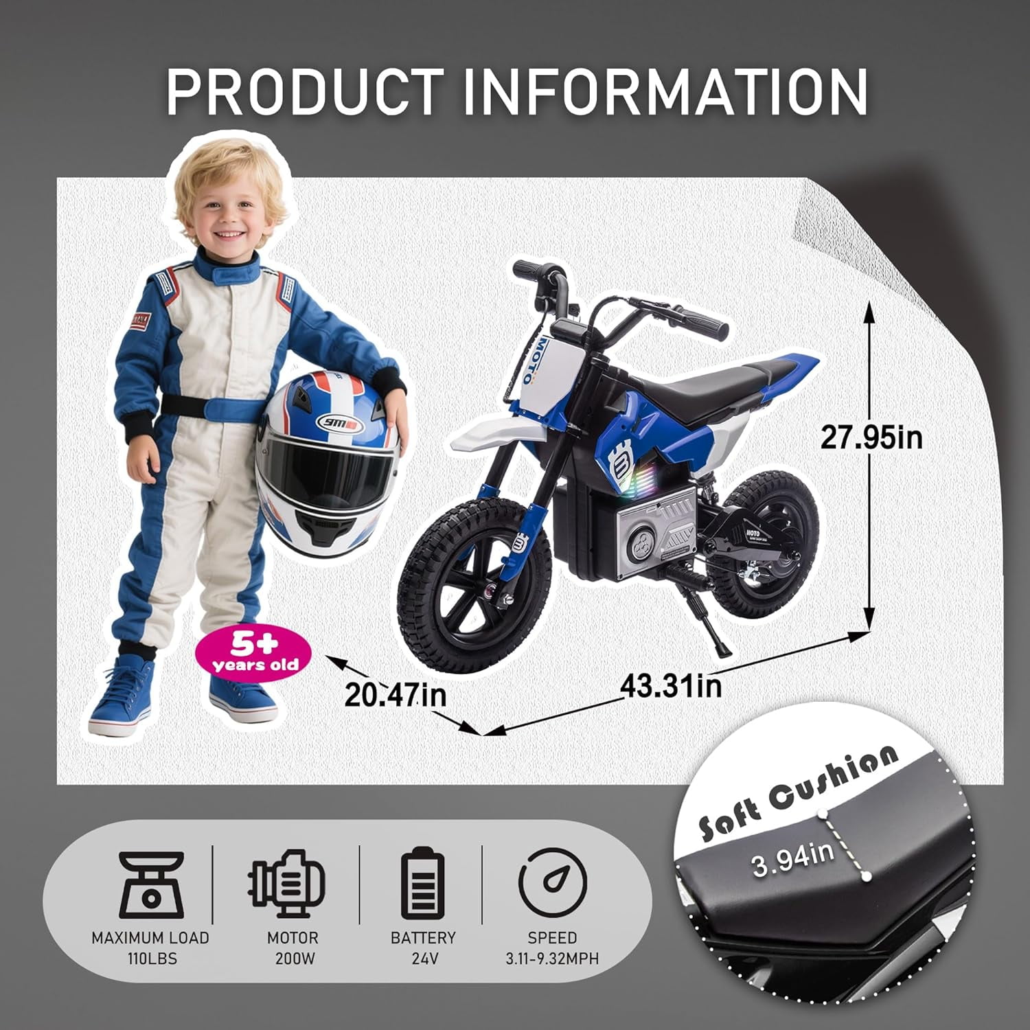 ThunderBolt Electric Dirt Bike Ride-On Motorcycle, 200W Motor, 3-9MPH Speed, LED Lights, Shock Absorber, Blue