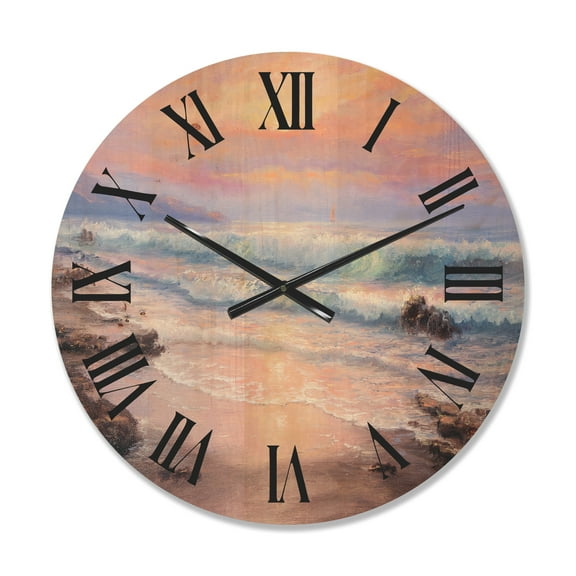Designart 'Pastel Purple Sunset Glow Over Incoming Ocean I' Nautical & Coastal Wood Wall Clock