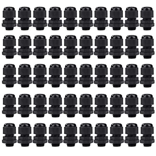 50 Conectores de Cable PG7 para Cables de Iluminación Exterior 3.5 a 6.5mm Negro
