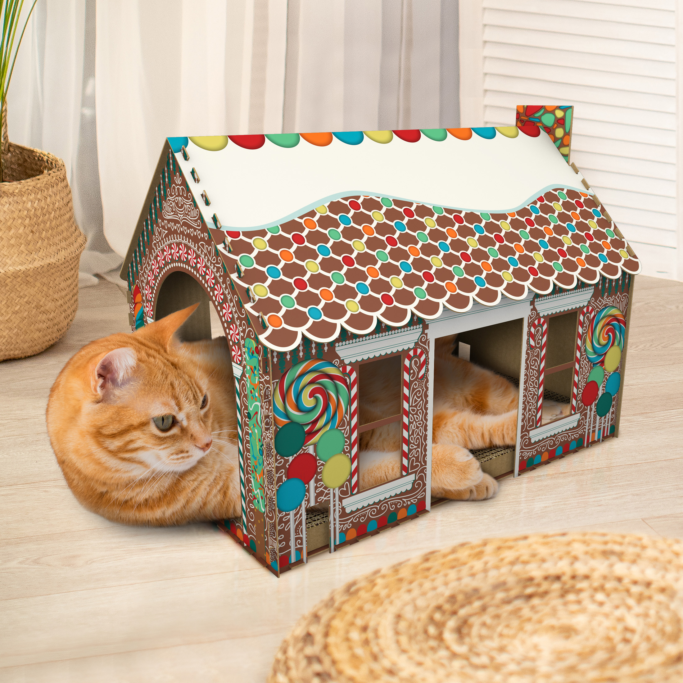 Pet Champion Corrugated Cat Scratching Gingerbread Playhouse W Catnip