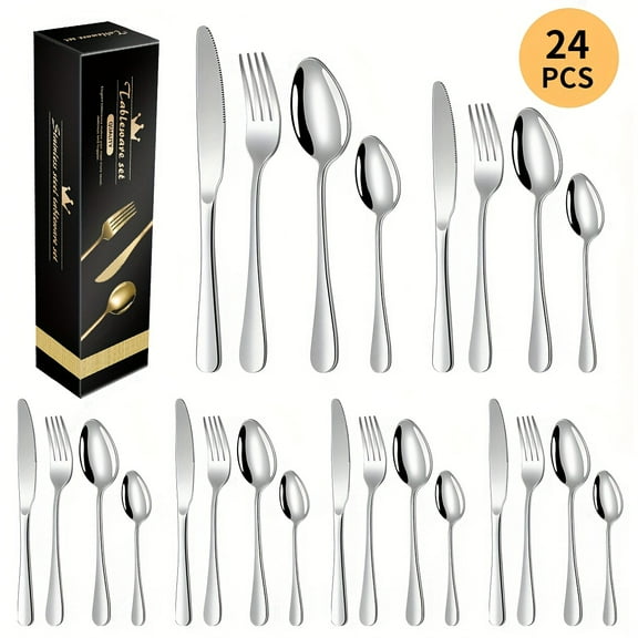 24 Pcs Black Silverware Set with Steak Knives, Stainless Steel Flatware Cutlery Set Service for 4, Kitchen Tableware Set, Utensil Set for Home and Restaurant, Knives Forks Spoon Set, Dishwasher S2afe