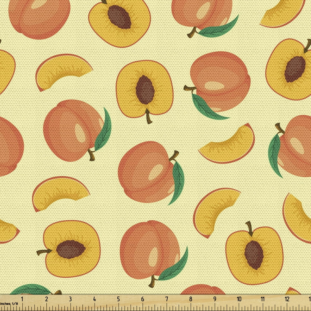 Peach Fabric by the Yard, Rhythmic Fresh Raw Sliced Fruits Warm Pastel