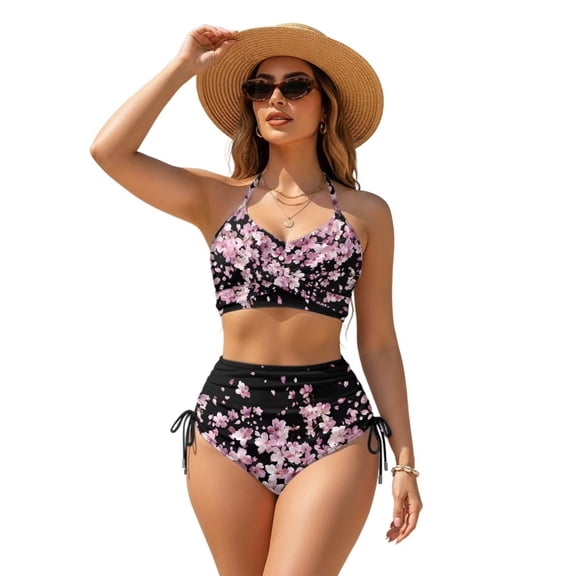 Garronmavis Cherry Blossom Women's Bikini Sets Twist Front Tummy Control Two Piece Swimsuit Side Tie Halter Neck Bathing Suit Beach Pool Swimwear