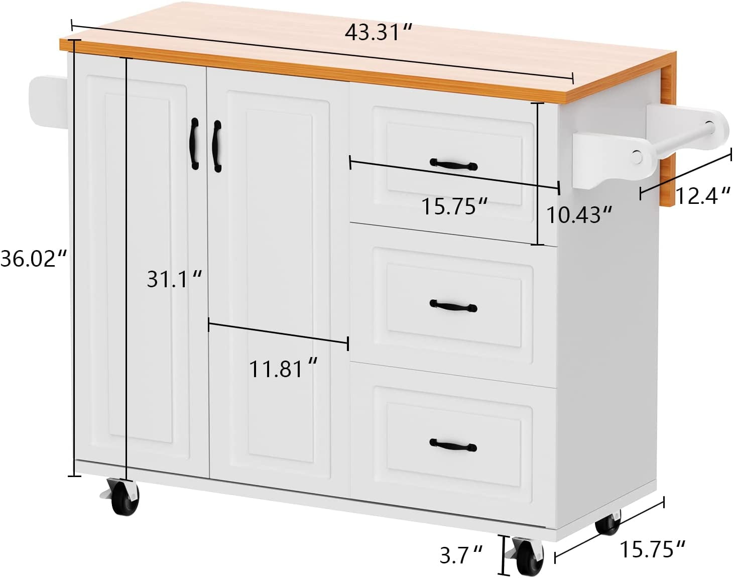 DreamCurship Kitchen Island on Wheels, Drop Leaf Kitchen Island Cart with Storage, Wood Countertop, Lockable Casters, White