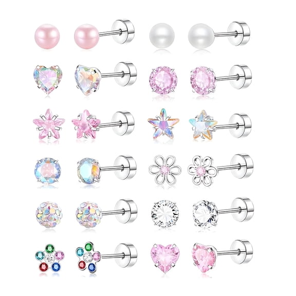 DESIGNICE 12 Pairs Surgical Steel Screw Back Earrings Sets Hypoallergenic Screw Back Stud Earrings Cute Heart Tiny Cz Flower Pink Stud Earrings for Women