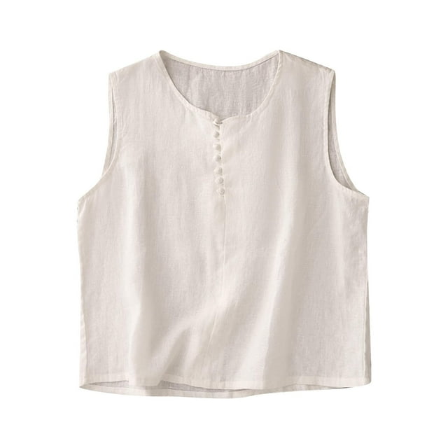 Camisole Sans Manches à Encolure Ronde pour Femmes, Débardeur en Imitation Lin à Boutons devant, Mélange de Polyester, Coupe Décontractée, pour Toutes les Saisons, à la Maison Ou au Quotidien