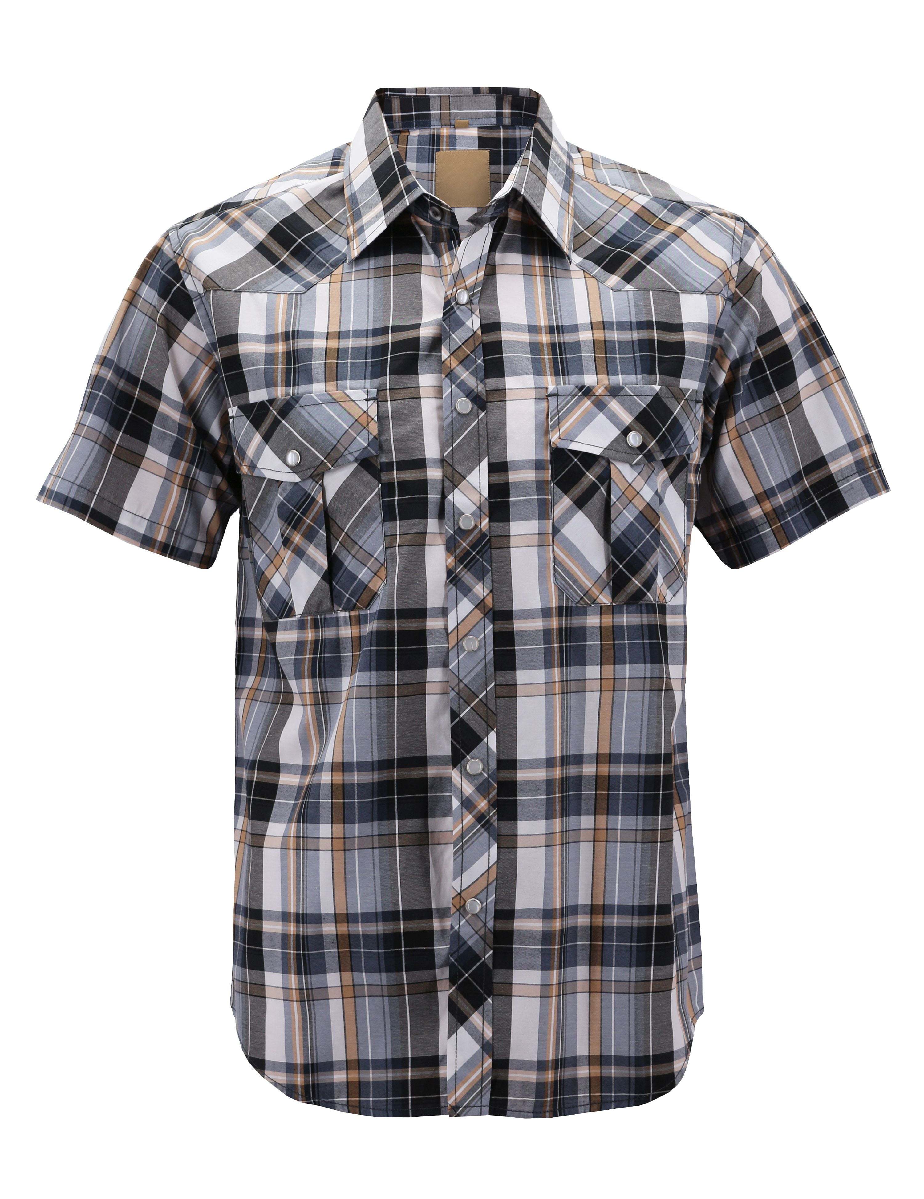 Men’s Western Short Sleeve Button Down Casual Plaid Pearl Snap Cowboy Shirt (2 Yellow/Grey, XL