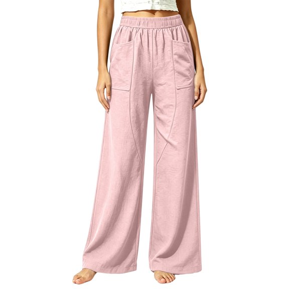 Ynynloco 100%Cotton Wide Leg Pants for Women Flowy Palazzo Drawstring Elastic Waist Trousers with Pockets Vacation Clothes