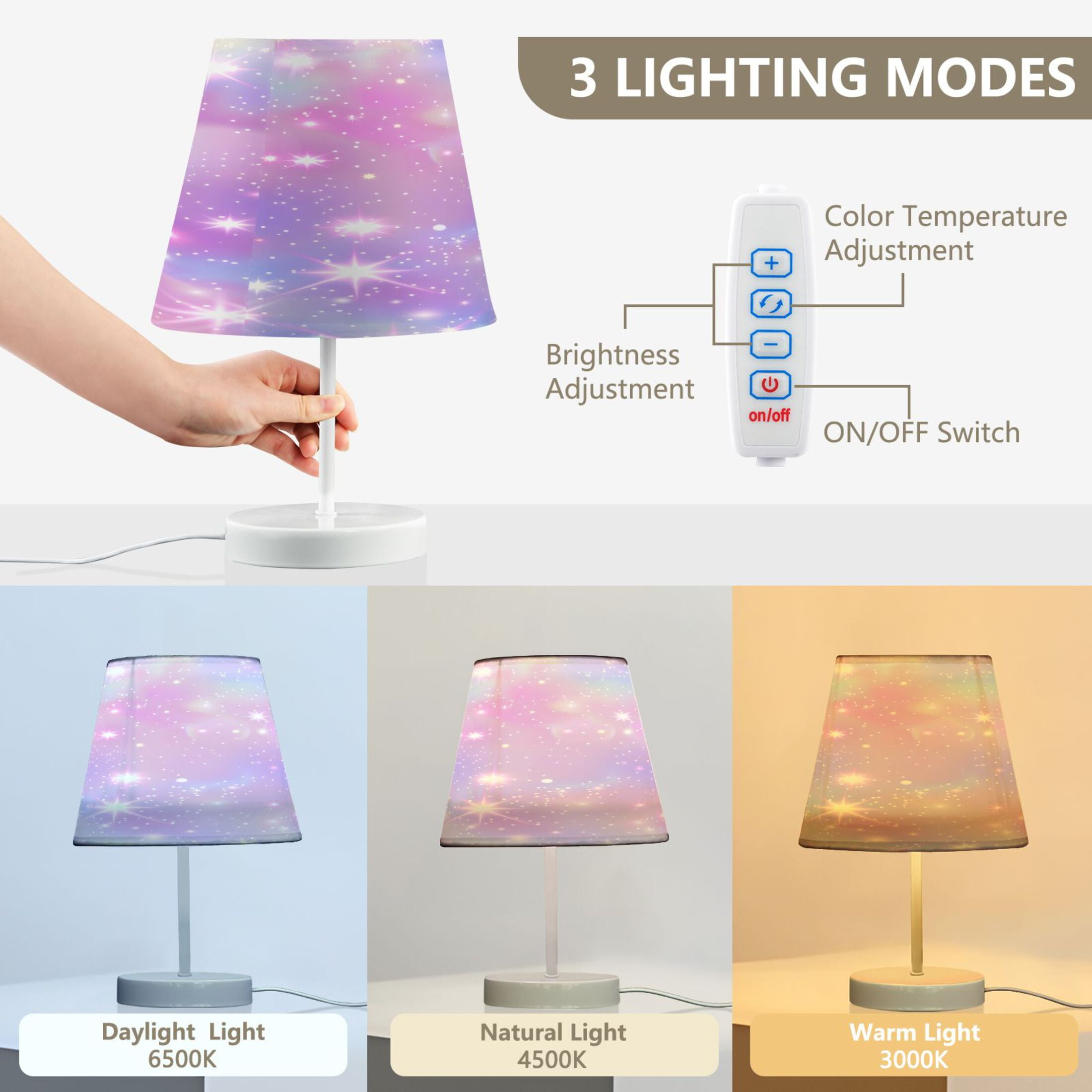 Pink Sky with Stars Desk Lamp LED Table Nightstand Lamps with 3 Color Temperatures for Home Bedroom Living Room Decor 8x12