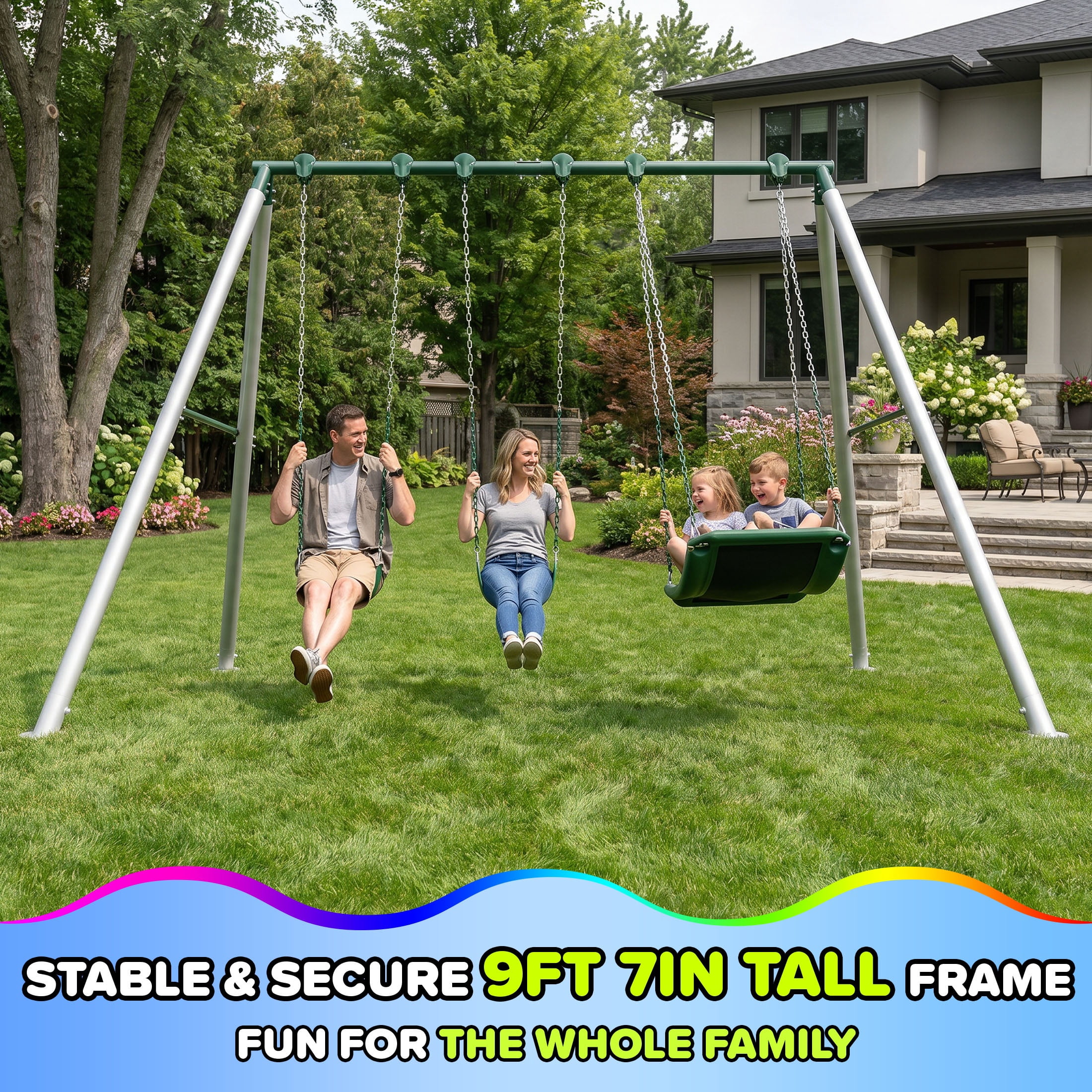 Sportspower Rainer 9.5ft Metal Swing Set for Kids and Adults, Heavy Duty Backyard Playset with 2 Sling Swings & 2-Person Skyflyer, Green/White