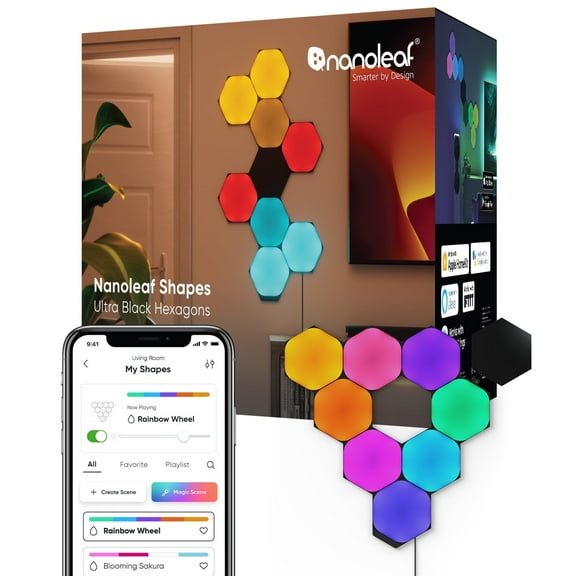 Nanoleaf Shapes Ultra Black Hexagons Smarter Kit, 9pk – Modern LED Wall Panels for Indoor