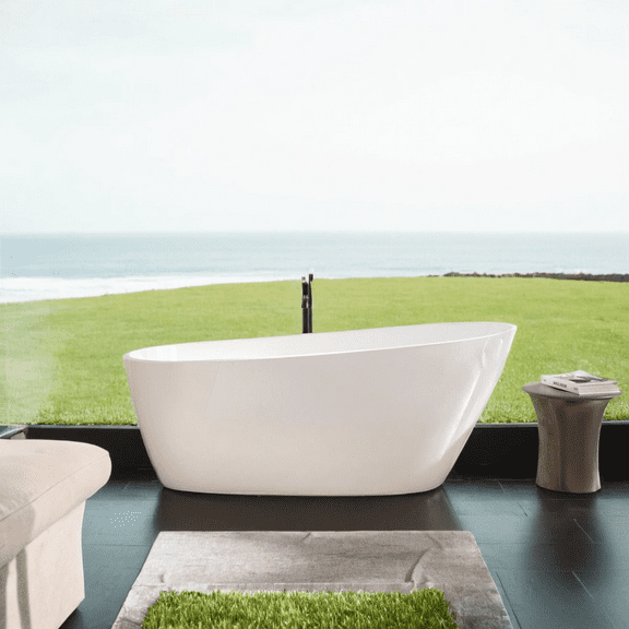 59" Acrylic Freestanding Bathtub, Modern & Contemporary Design Soaking Tub with Toe-tap Drain in Chrome and Classic Slotted Overflow, Glossy White