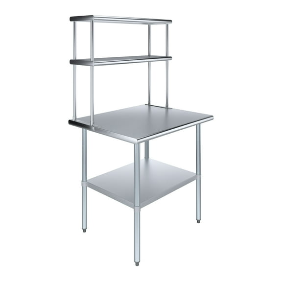 AmGood 30" x 36" Stainless Steel Work Table With 12" Wide Double Tier Overshelf | Metal Kitchen Prep Table & Shelving Combo