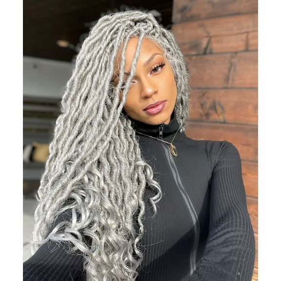 LUXLUXE Women Andrea 4x4 Curly Length 31 inch Extra Long 4X4 Hand Tied Lace Braid Wig, Beauty Heat Resistant Fiber, (Grey)