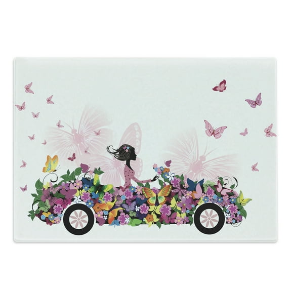 Cars Cutting Board, Woman Driving a Floral Vehicle Butterflies in the Air Female on the Road Girls Theme, Decorative Tempered Glass Cutting and Serving Board, Large Size, Multicolor, by Ambesonne