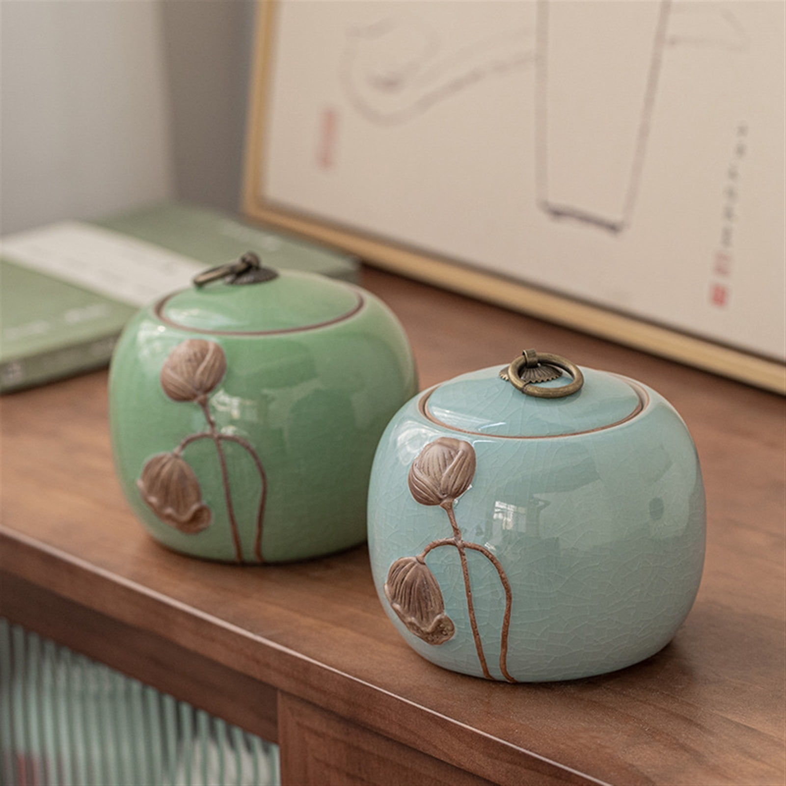 700ml Large Pottery Vintage Lotus Jar Tight Seal Container Ceramics Pot Elegance Leak-Proof Pet Ashes Urn