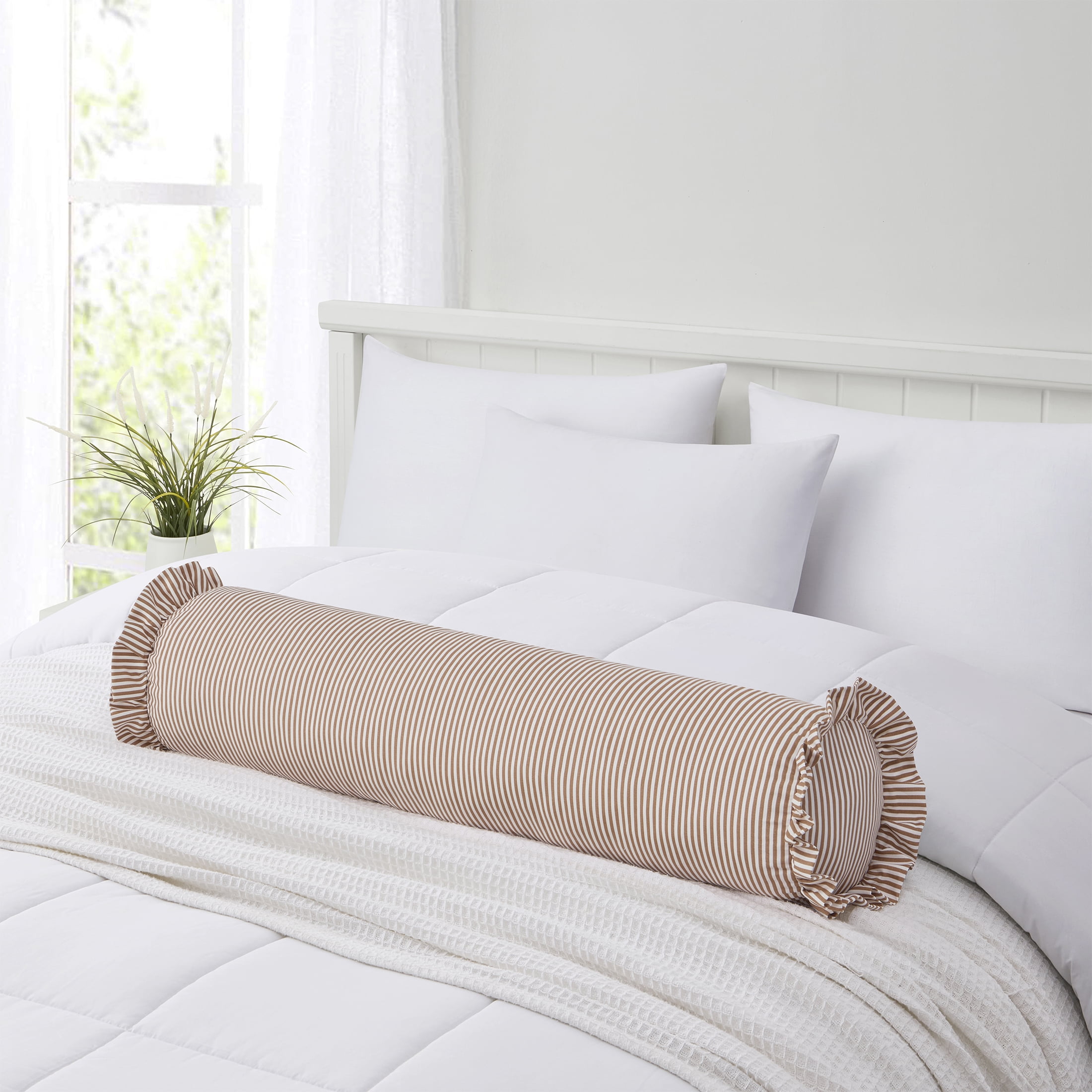 Home Decor Collection 8" x 36" Tan Striped Ruffle Bolster Decorative Pillow