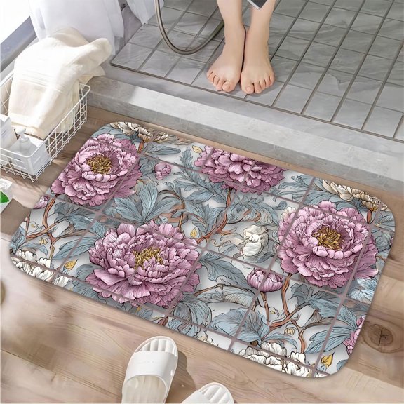 1pc Peony Pattern Absorbent Non-Slip Bathroom Thickened Flannel Rug Decor,Soft,Quick Drying,Suitable For Indoor/outdoor Use,Bathrooms,Bedrooms,Kitchens,Terrace,Laundry Rooms,16"x24"