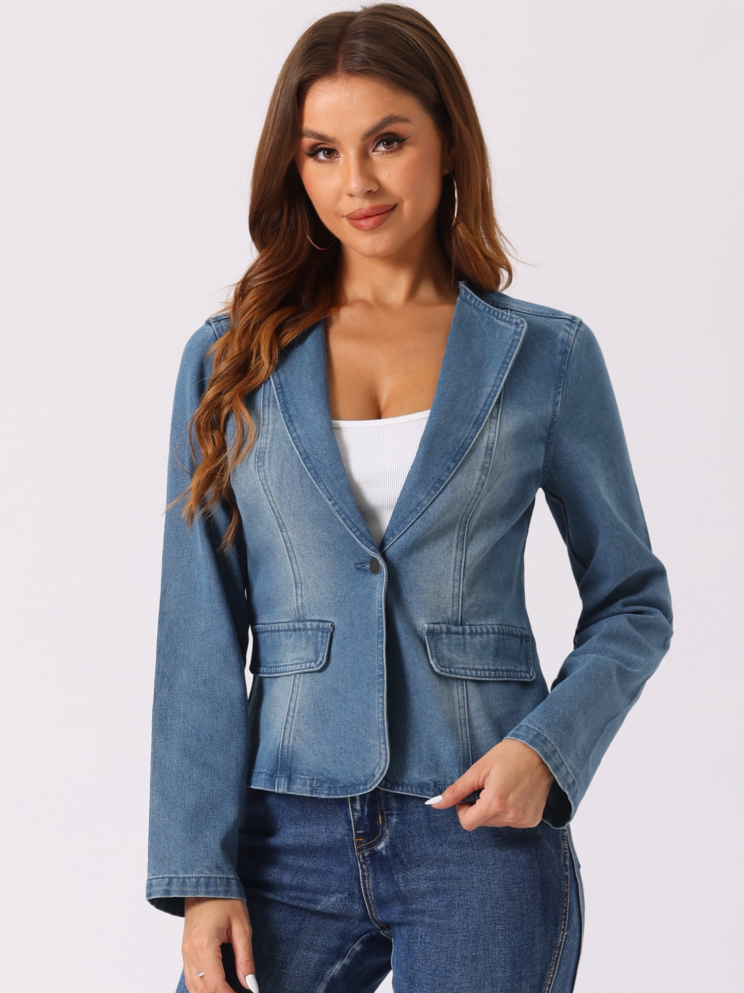 DARING DIVA Women's Lapel Collar Jean Jacket One Button Work Denim Blazer XL Ice Blue