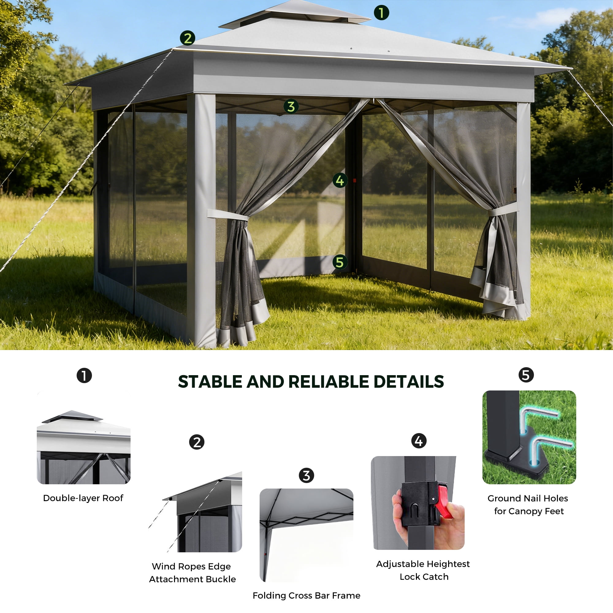 Advwin 11x11 Pop Up Gazebo Tent with Netting, Instant Outdoor Canopy Shelter with Wheeled Carry Bag, Double Roof Vent, 3 Adjustable Heights, Portable Canopy for Patio,Gray