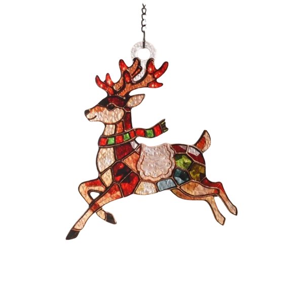 Stained Glass Style Reindeer Christmas Ornament, Running Deer with Scarf Hanging Decoration for Xmas Tree and Window Decor