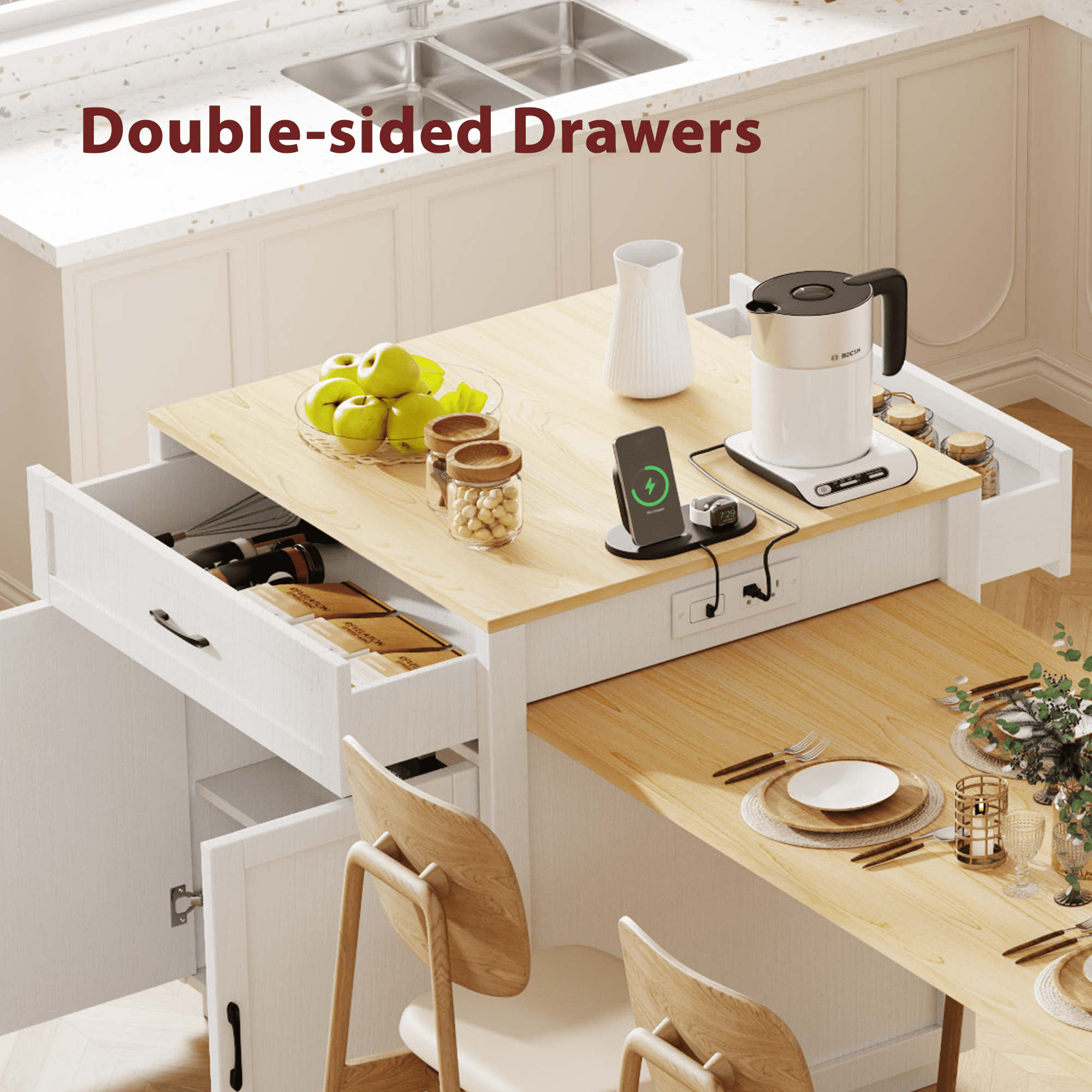 Yoneston 82.7" Kitchen Island with Extendable Dining Table with Double Layer Storage and Power Outlet, Rolling Kitchen Cart with 2 Drawers 2 Door 2 Side Open Shelves for Kitchen Dining Room, White
