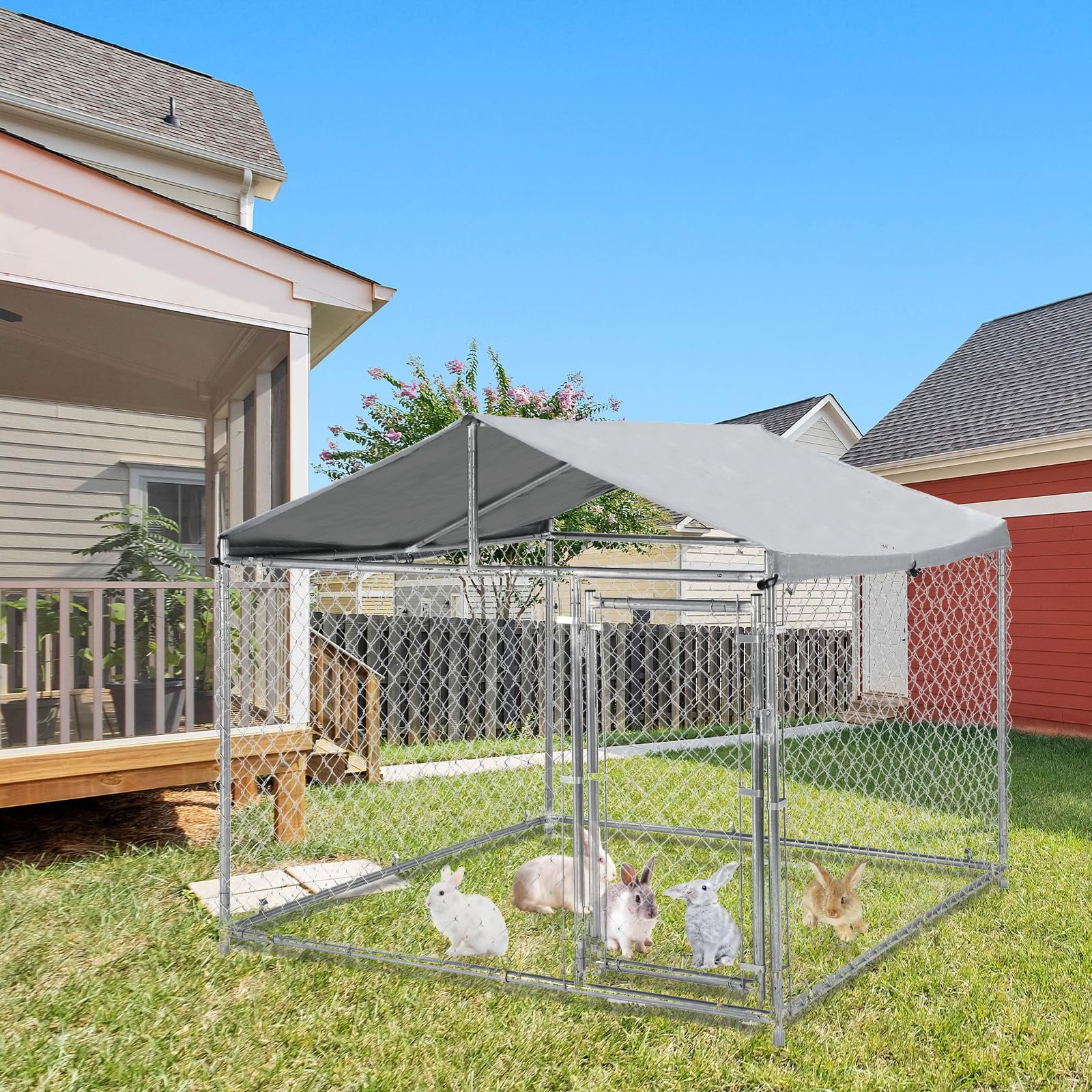 79"*79"*70" Large Metal Dog Kennel, Heavy Duty Outdoor Dog Cage with Roof, Lock, Galvanized Chain Link Crate with Waterproof Cover, for Patio, Yard,