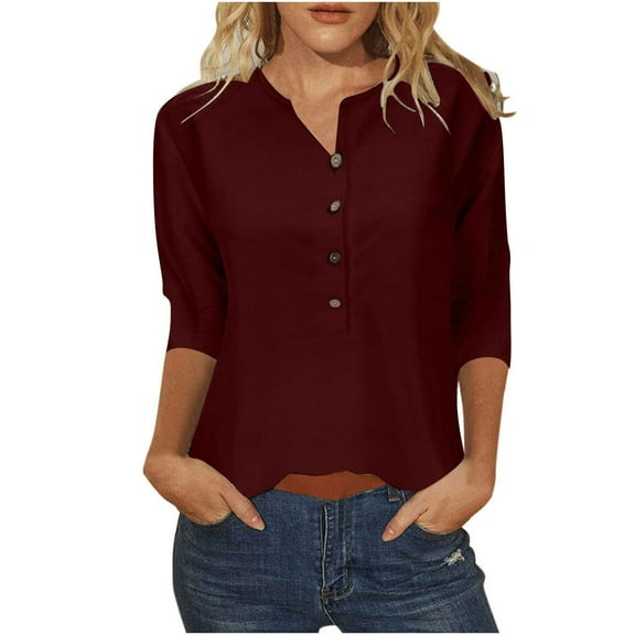 nerohusy 3/4 Sleeve Tops for Women,Womens 3/4 Sleeve Blouses Casual Loose Fit Solid Color Button V Neck Tops Ladies Three Quarter Length Sleeve T-Shirts,Wine,L