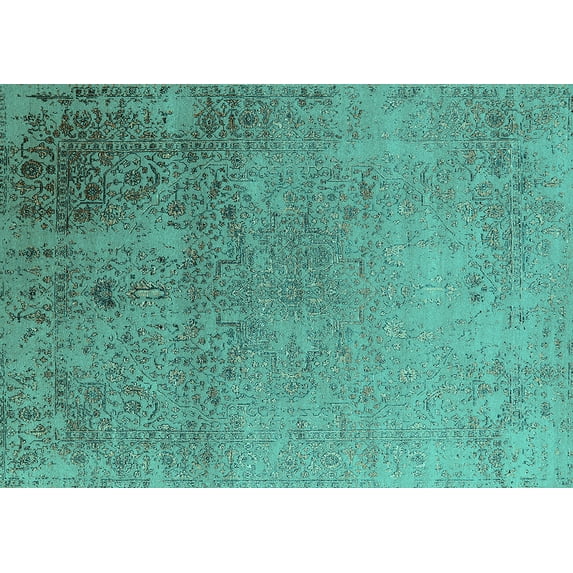 Ahgly Company Machine Washable Indoor Rectangle Oriental Turquoise Blue Industrial Area Rugs, 7' x 10'