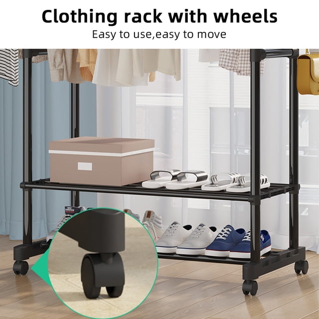 Cintres à Vêtements, Métal Réglable et Portable avec Roues 2 Niveaux Chambre et Vêtements en Métal Portables avec Étagères Métal Portable avec Tringle Vêtements avec Étagères Réglables et Vêtements Ou Tringles Siuke