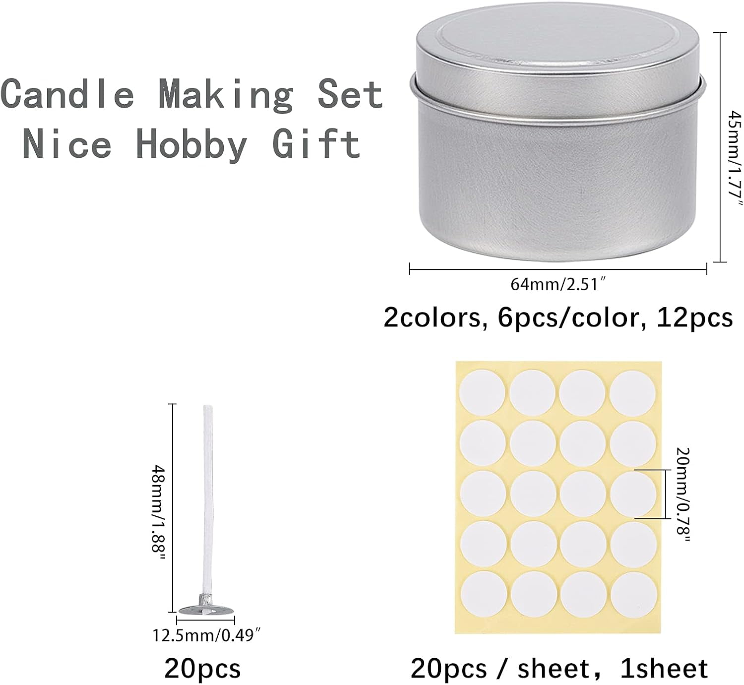 DIY Candle Tin 12 Pieces Round Iron Candle Tins with Candle Wick and Double-Faced Self-Adhesive Paper Stickers for Making Candles DIY Party Favors and More Making DIY